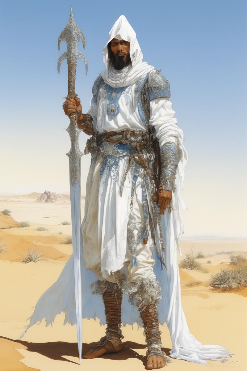 00187-624681393-John Blanche Style - desert nomad warrior standing and holding a sword, full armor, Moorish and Persian style, Pure White cloth,.png